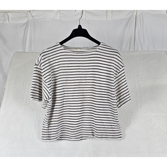 Madewell Textured Stripe Short Sleeve Sweater Top Women White Brown Size Medium - Picture 4 of 10